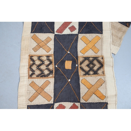 450 - TWO KUBA TEXTILE PANELS (CONGALESE, 20/21ST CENTURY). woven and dyed rafia palm, both embellished wi... 