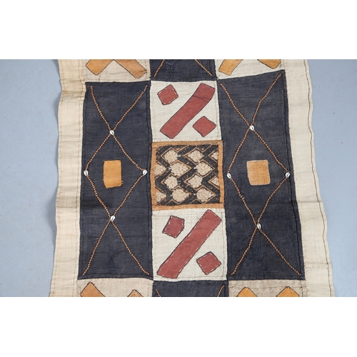450 - TWO KUBA TEXTILE PANELS (CONGALESE, 20/21ST CENTURY). woven and dyed rafia palm, both embellished wi... 