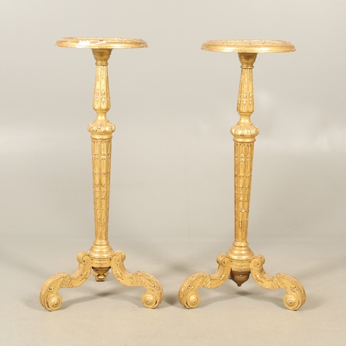 454 - A PAIR OF FRENCH CARVED GILTWOOD JARDINIERE STANDS. 19th century, each with carved and gesso foliate... 