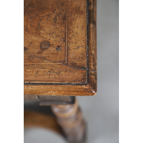 472 - A WILLIAM AND MARY FRUITWOOD SIDE TABLE. the rectangular top with moulded edge above single drawer, ... 