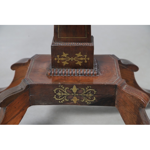 475 - A PAIR OF REGENCY ROSEWOOD AND BRASS INLAID GAMES TABLES. with D-end baize lined swivel tops, inlaid... 