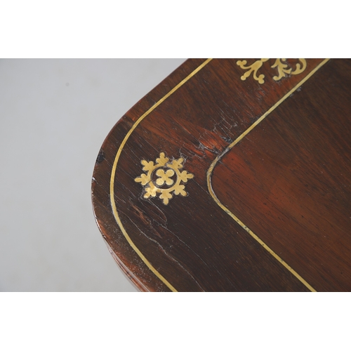 475 - A PAIR OF REGENCY ROSEWOOD AND BRASS INLAID GAMES TABLES. with D-end baize lined swivel tops, inlaid... 