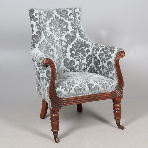 476 - A WILLIAM IV GILLOWS STYLE MAHOGANY LIBRARY CHAIR. the concave back to overstuffed arms, carved reed... 