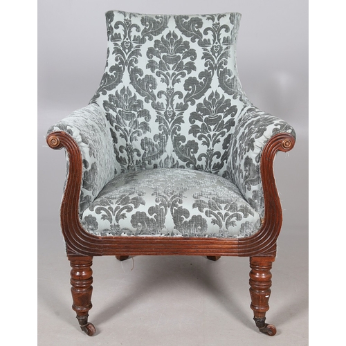 476 - A WILLIAM IV GILLOWS STYLE MAHOGANY LIBRARY CHAIR. the concave back to overstuffed arms, carved reed... 
