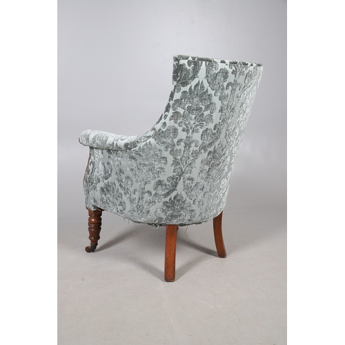 476 - A WILLIAM IV GILLOWS STYLE MAHOGANY LIBRARY CHAIR. the concave back to overstuffed arms, carved reed... 