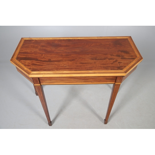 483 - A PAIR OF EDWARDIAN SHERATON STYLE MAHOGANY CARD TABLES. the canted rectangular tops crossbanded wit... 
