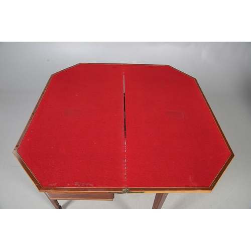 483 - A PAIR OF EDWARDIAN SHERATON STYLE MAHOGANY CARD TABLES. the canted rectangular tops crossbanded wit... 