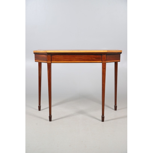 483 - A PAIR OF EDWARDIAN SHERATON STYLE MAHOGANY CARD TABLES. the canted rectangular tops crossbanded wit... 