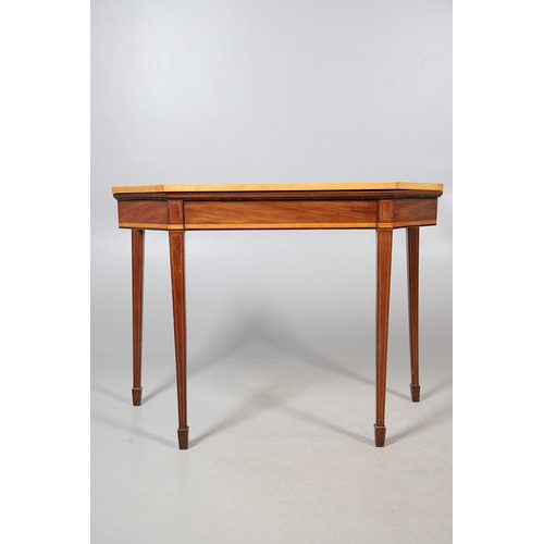 483 - A PAIR OF EDWARDIAN SHERATON STYLE MAHOGANY CARD TABLES. the canted rectangular tops crossbanded wit... 