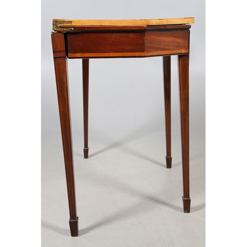 483 - A PAIR OF EDWARDIAN SHERATON STYLE MAHOGANY CARD TABLES. the canted rectangular tops crossbanded wit... 