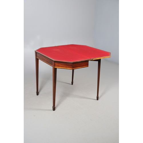 483 - A PAIR OF EDWARDIAN SHERATON STYLE MAHOGANY CARD TABLES. the canted rectangular tops crossbanded wit... 