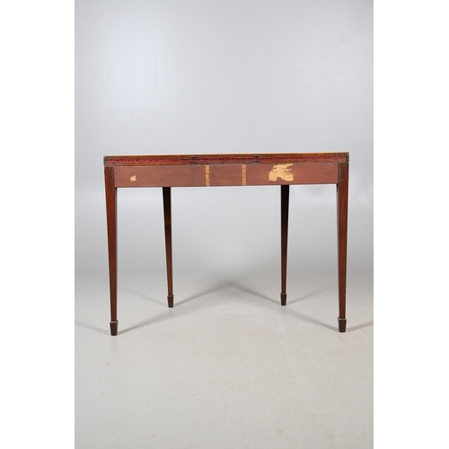 483 - A PAIR OF EDWARDIAN SHERATON STYLE MAHOGANY CARD TABLES. the canted rectangular tops crossbanded wit... 