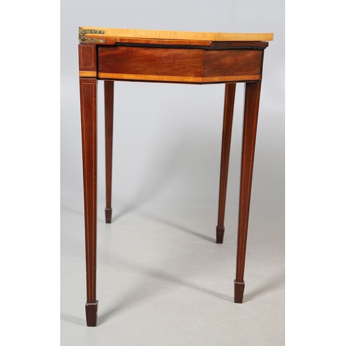 483 - A PAIR OF EDWARDIAN SHERATON STYLE MAHOGANY CARD TABLES. the canted rectangular tops crossbanded wit... 