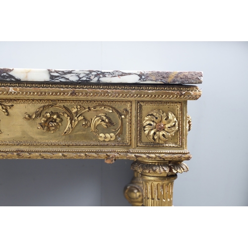 495 - AN ITALIAN GILTWOOD AND MARBLE TOPPED PIER TABLE. late 18th century, the violet breche vola marble t... 