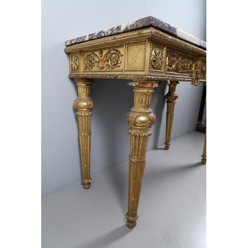 495 - AN ITALIAN GILTWOOD AND MARBLE TOPPED PIER TABLE. late 18th century, the violet breche vola marble t... 
