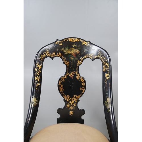 503 - A PAIR OF 19TH CENTURY EBONISED, GILT AND PAINTED CHAIRS. the curved paper mache backs painted with ... 