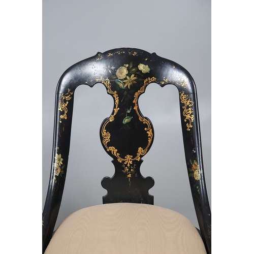 503 - A PAIR OF 19TH CENTURY EBONISED, GILT AND PAINTED CHAIRS. the curved paper mache backs painted with ... 