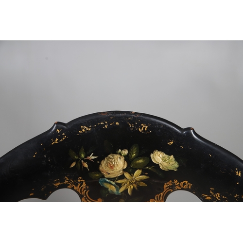 503 - A PAIR OF 19TH CENTURY EBONISED, GILT AND PAINTED CHAIRS. the curved paper mache backs painted with ... 