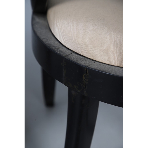 503 - A PAIR OF 19TH CENTURY EBONISED, GILT AND PAINTED CHAIRS. the curved paper mache backs painted with ... 