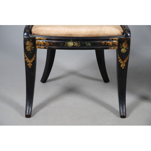 503 - A PAIR OF 19TH CENTURY EBONISED, GILT AND PAINTED CHAIRS. the curved paper mache backs painted with ... 