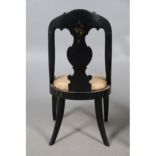 503 - A PAIR OF 19TH CENTURY EBONISED, GILT AND PAINTED CHAIRS. the curved paper mache backs painted with ... 
