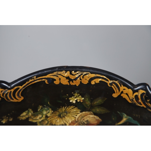 503 - A PAIR OF 19TH CENTURY EBONISED, GILT AND PAINTED CHAIRS. the curved paper mache backs painted with ... 