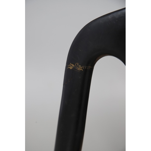 503 - A PAIR OF 19TH CENTURY EBONISED, GILT AND PAINTED CHAIRS. the curved paper mache backs painted with ... 