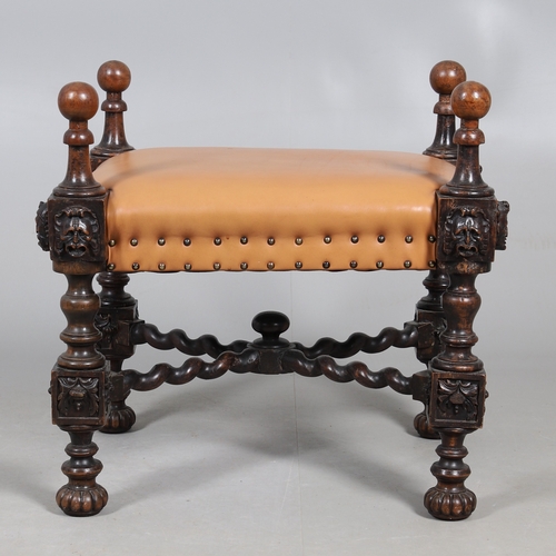 506 - A RENAISSANCE REVIVAL OAK AND WALNUT LEATHER SEATED STOOL. 19th century, the brass studded tan leath... 