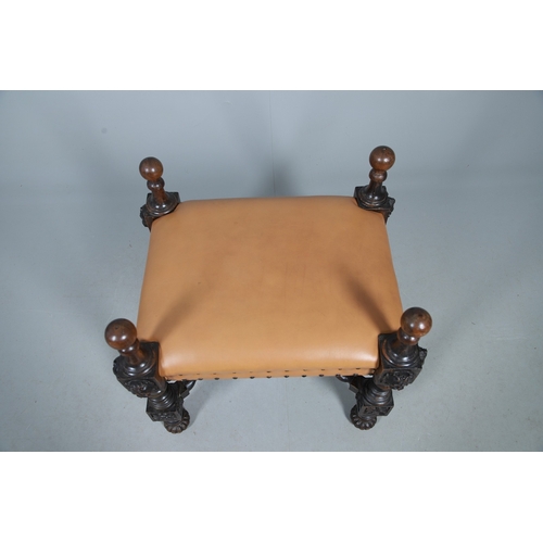 506 - A RENAISSANCE REVIVAL OAK AND WALNUT LEATHER SEATED STOOL. 19th century, the brass studded tan leath... 