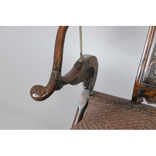 526 - A PAIR OF CHINESE MING DYNASTY STYLE HARDWOOD FOLDING CHAIRS. the horseshoe shaped back to a central... 