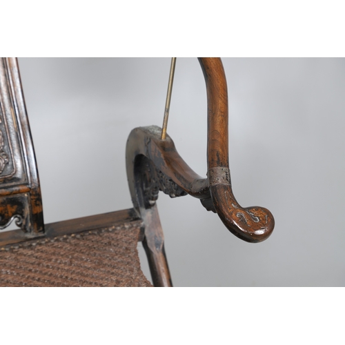 526 - A PAIR OF CHINESE MING DYNASTY STYLE HARDWOOD FOLDING CHAIRS. the horseshoe shaped back to a central... 