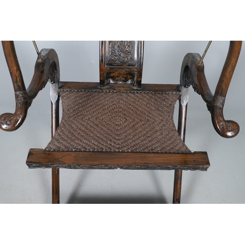 526 - A PAIR OF CHINESE MING DYNASTY STYLE HARDWOOD FOLDING CHAIRS. the horseshoe shaped back to a central... 