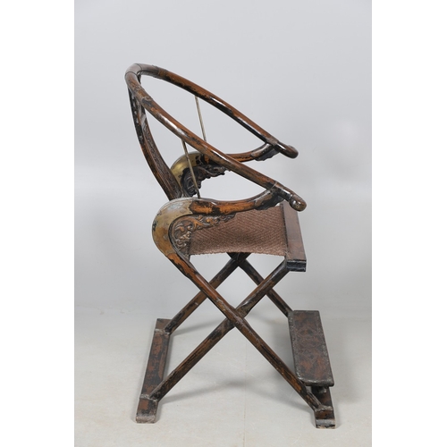 526 - A PAIR OF CHINESE MING DYNASTY STYLE HARDWOOD FOLDING CHAIRS. the horseshoe shaped back to a central... 