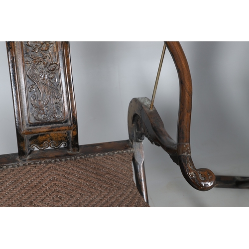 526 - A PAIR OF CHINESE MING DYNASTY STYLE HARDWOOD FOLDING CHAIRS. the horseshoe shaped back to a central... 