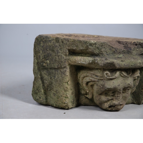 554 - A MEDIEVAL STONE CORBEL. possibly 15th century, carved with a head of a curly haired man, height 22c... 