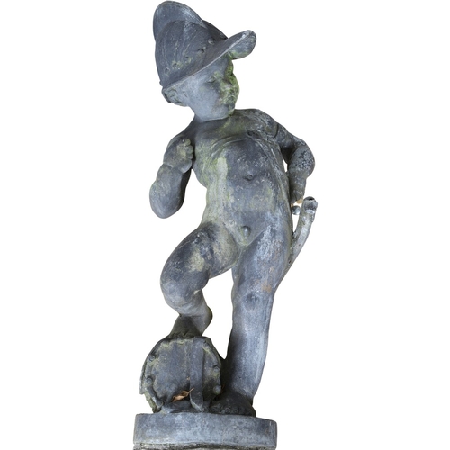 562 - A PAIR OF 19TH CENTURY LEAD GARDEN STATUES OF PUTTI. modelled wearing military style helmets, one wi... 