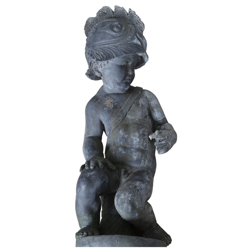 562 - A PAIR OF 19TH CENTURY LEAD GARDEN STATUES OF PUTTI. modelled wearing military style helmets, one wi... 