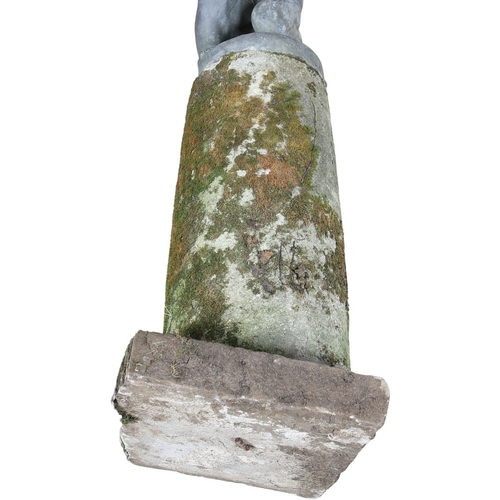 562 - A PAIR OF 19TH CENTURY LEAD GARDEN STATUES OF PUTTI. modelled wearing military style helmets, one wi... 