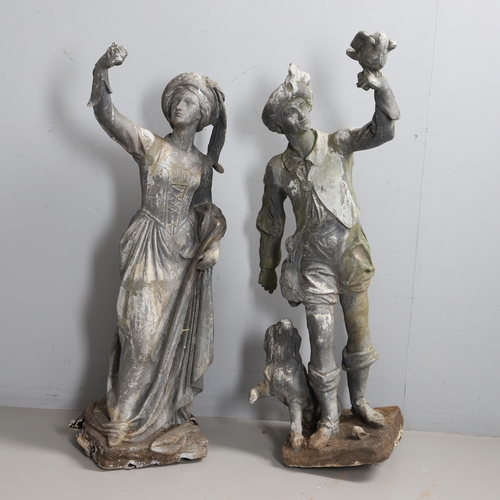 564 - A PAIR OF 19TH CENTURY LEAD GARDEN FIGURAL STATUES. possibly Lowlands, modelled as a Lady in her Med... 
