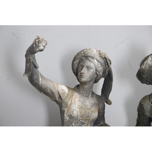564 - A PAIR OF 19TH CENTURY LEAD GARDEN FIGURAL STATUES. possibly Lowlands, modelled as a Lady in her Med... 