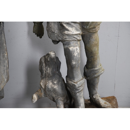 564 - A PAIR OF 19TH CENTURY LEAD GARDEN FIGURAL STATUES. possibly Lowlands, modelled as a Lady in her Med... 