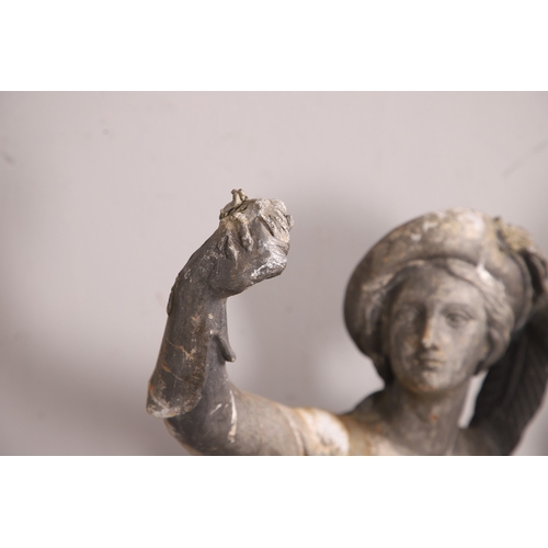 564 - A PAIR OF 19TH CENTURY LEAD GARDEN FIGURAL STATUES. possibly Lowlands, modelled as a Lady in her Med... 