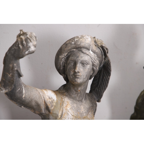 564 - A PAIR OF 19TH CENTURY LEAD GARDEN FIGURAL STATUES. possibly Lowlands, modelled as a Lady in her Med... 