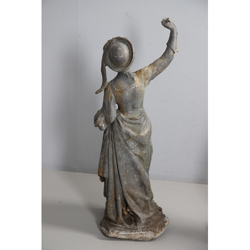 564 - A PAIR OF 19TH CENTURY LEAD GARDEN FIGURAL STATUES. possibly Lowlands, modelled as a Lady in her Med... 