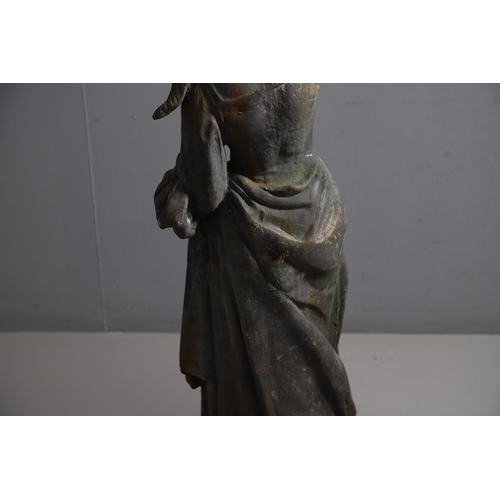 564 - A PAIR OF 19TH CENTURY LEAD GARDEN FIGURAL STATUES. possibly Lowlands, modelled as a Lady in her Med... 