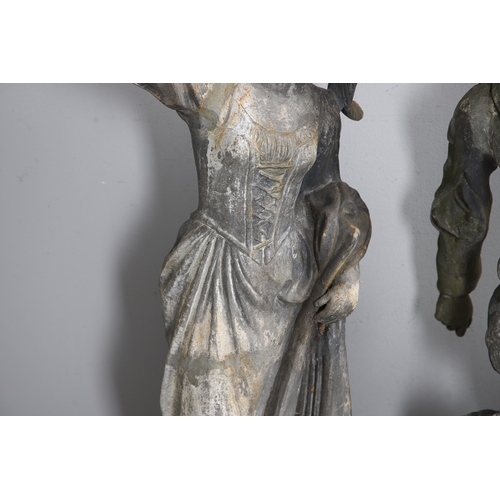 564 - A PAIR OF 19TH CENTURY LEAD GARDEN FIGURAL STATUES. possibly Lowlands, modelled as a Lady in her Med... 