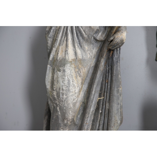 564 - A PAIR OF 19TH CENTURY LEAD GARDEN FIGURAL STATUES. possibly Lowlands, modelled as a Lady in her Med... 
