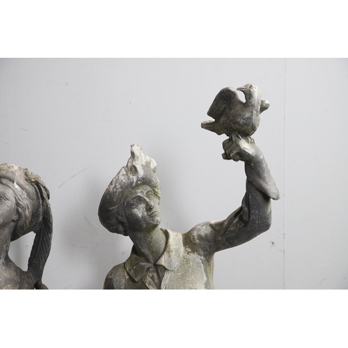 564 - A PAIR OF 19TH CENTURY LEAD GARDEN FIGURAL STATUES. possibly Lowlands, modelled as a Lady in her Med... 