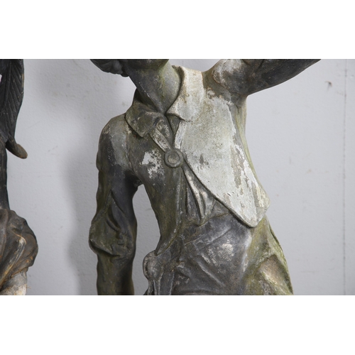 564 - A PAIR OF 19TH CENTURY LEAD GARDEN FIGURAL STATUES. possibly Lowlands, modelled as a Lady in her Med... 