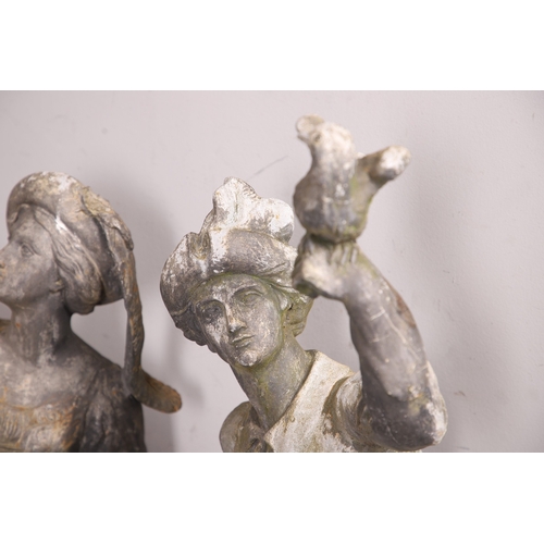 564 - A PAIR OF 19TH CENTURY LEAD GARDEN FIGURAL STATUES. possibly Lowlands, modelled as a Lady in her Med... 